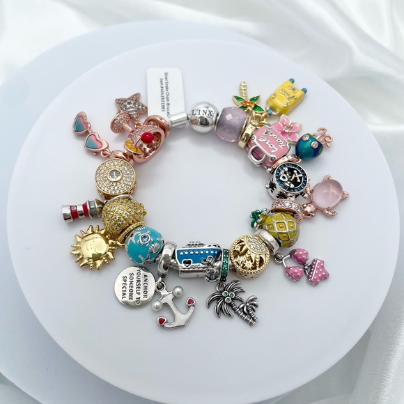 Linx Silver Gold Snake Chain Bracelet with Cruise Vacation Themed Charms